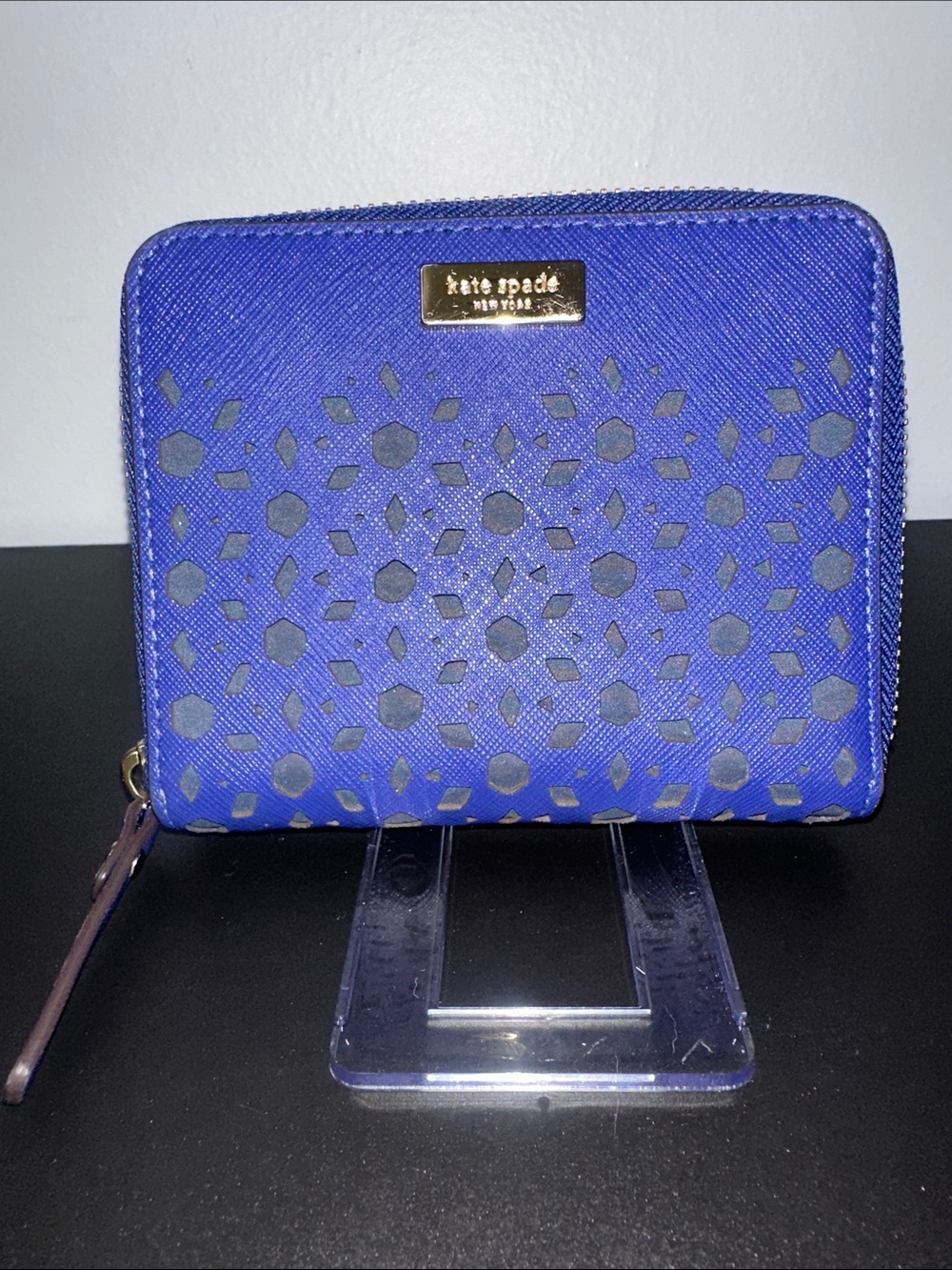 EUC kate spade cobalt blue laser-cut zip wallet with gold logo and Gold Zipper